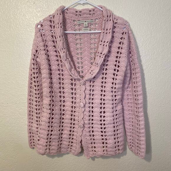 Vintage Y2K Tommy Hilfiger Handknit Crochet Chunky Knit Button Cardigan Size M - Picture 1 of 7